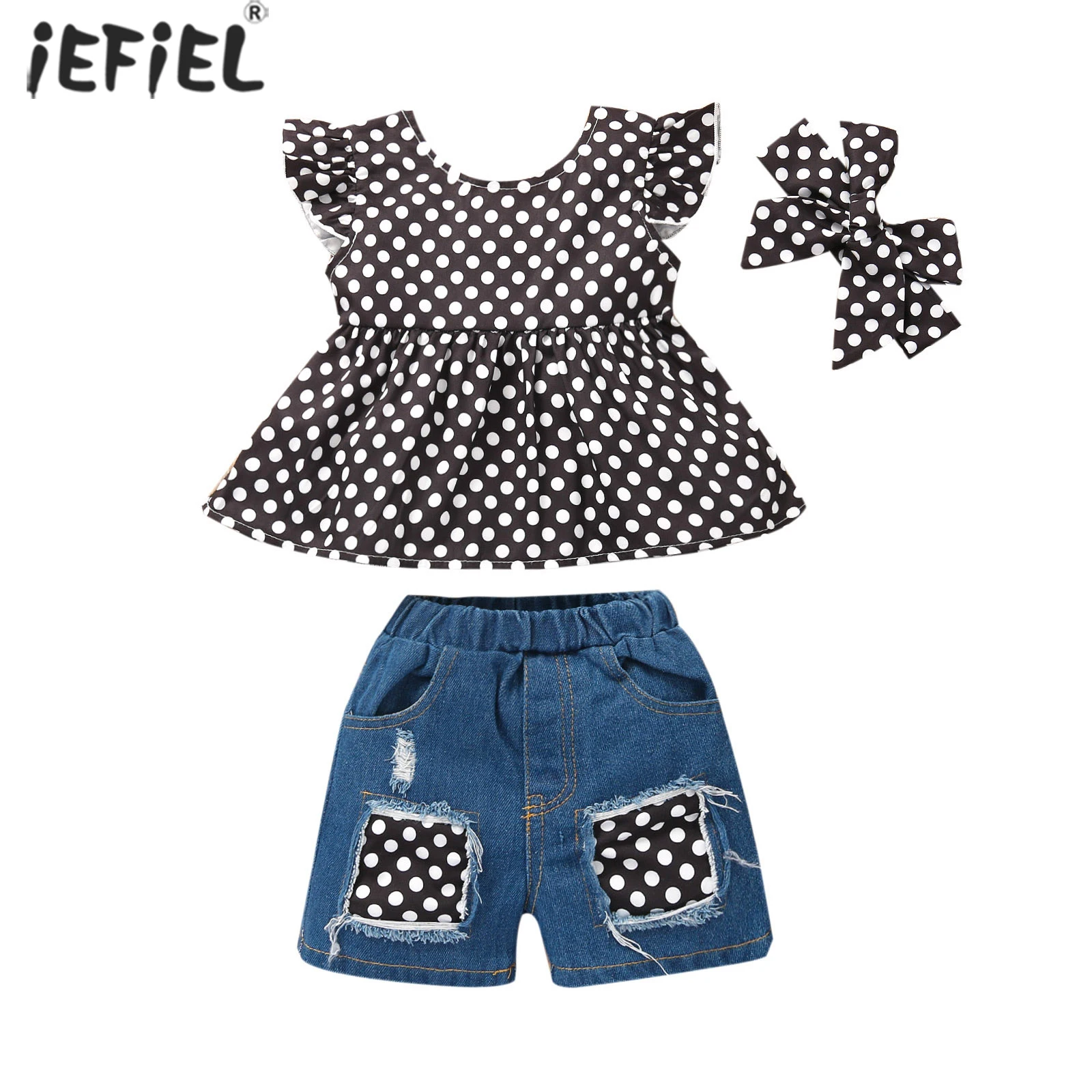 

Summer Toddler Clothes Baby Girls Polka Dot Flying Sleeve Tops+Ripped Hole Patchwork Denim Shorts Jeans Outfits Casual 3Pcs Set