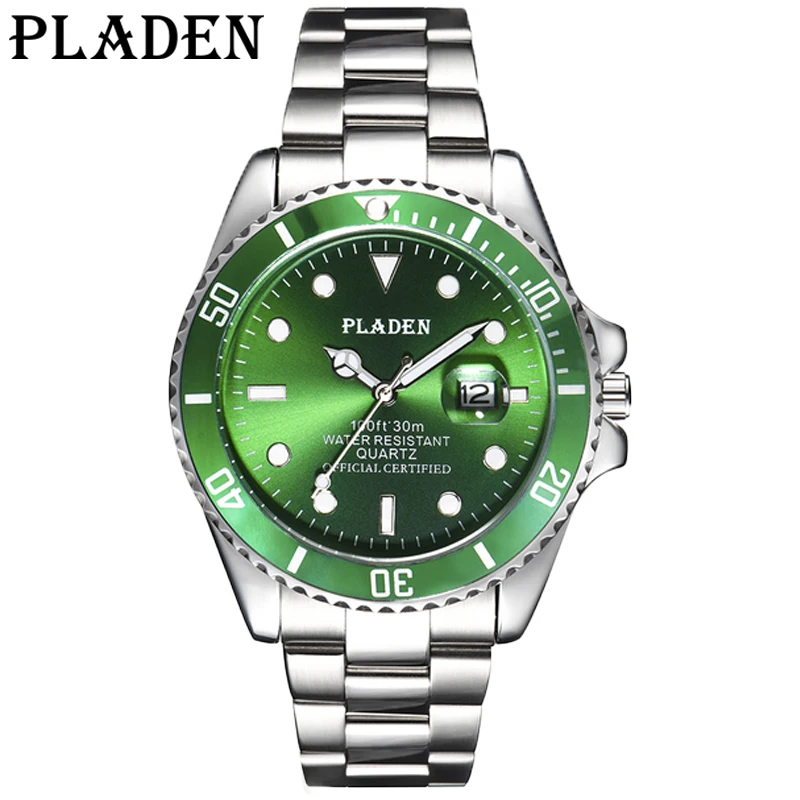 PLADEN Top Brand Men's Watches Luxury Sapphire GMT Stainless Steel Green Male Quartz Watch Waterproof Sports Clock Reloj Hombre