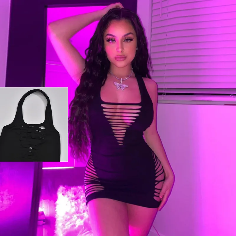 

SKMY 2021 Summer New Sandy Beach Dress Sleeveless Hollow Bag Hip Lace One-Step Dress Sexy Evening Club Mini Solid Color Dresses