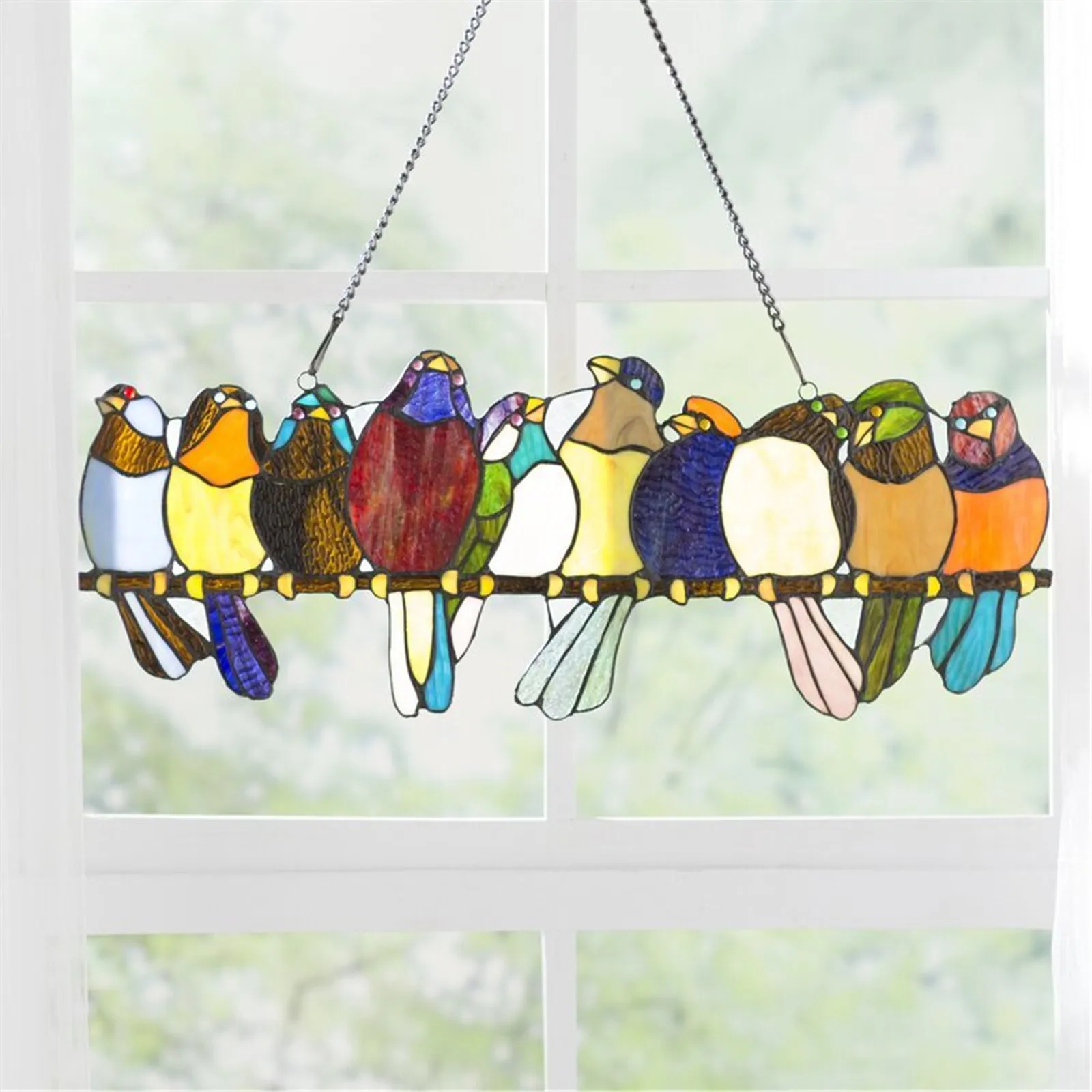 

Stained Glass Parrot Birds on a Wire Hanging Window/Wall Panel Glass Wall Decoration with Chain Suncatcher home decoration