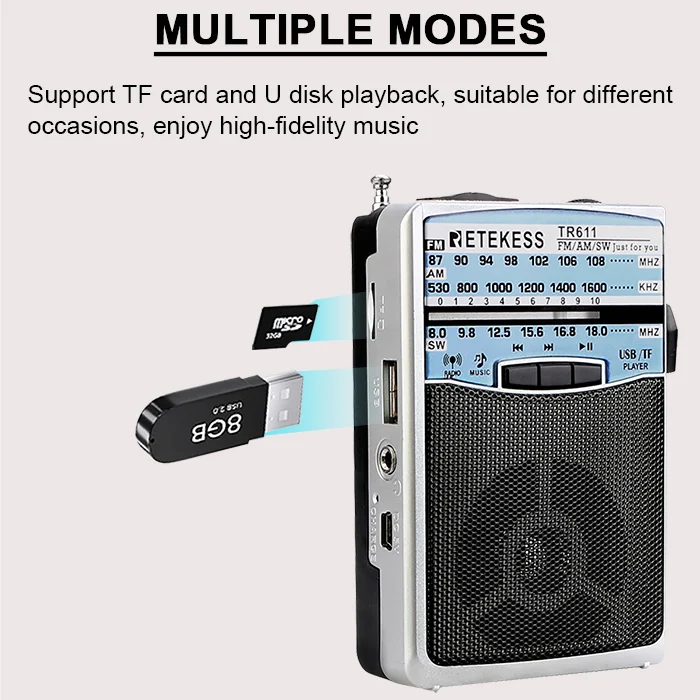 Retekess TR611 портативный FM AM SW 3 диапазона радио с разъемом для наушников USB TF плеер Поддержка MP3 формат