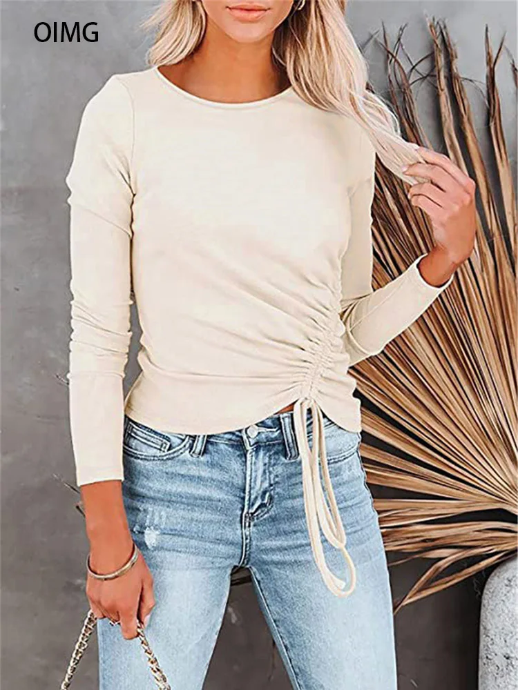 

2021 Draw String Slim Women T Shirts New Fashion O Neck Long Sleeve Female T Shirt Plus Size