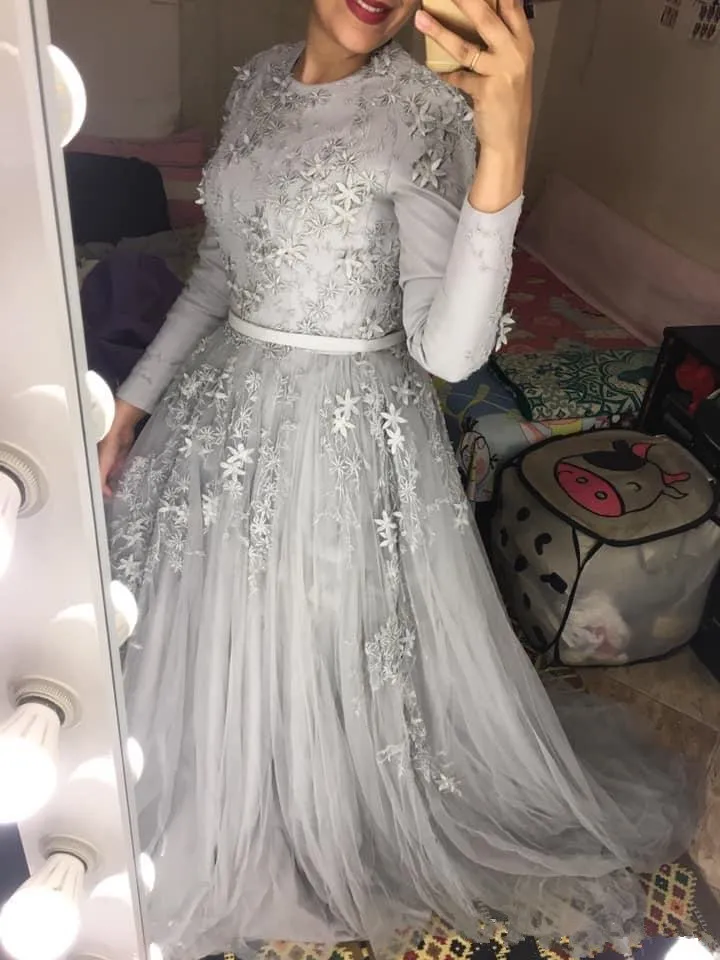 2020 Aso Ebi мусульманские серебряные кружевные вечерние платья с длинным рукавом