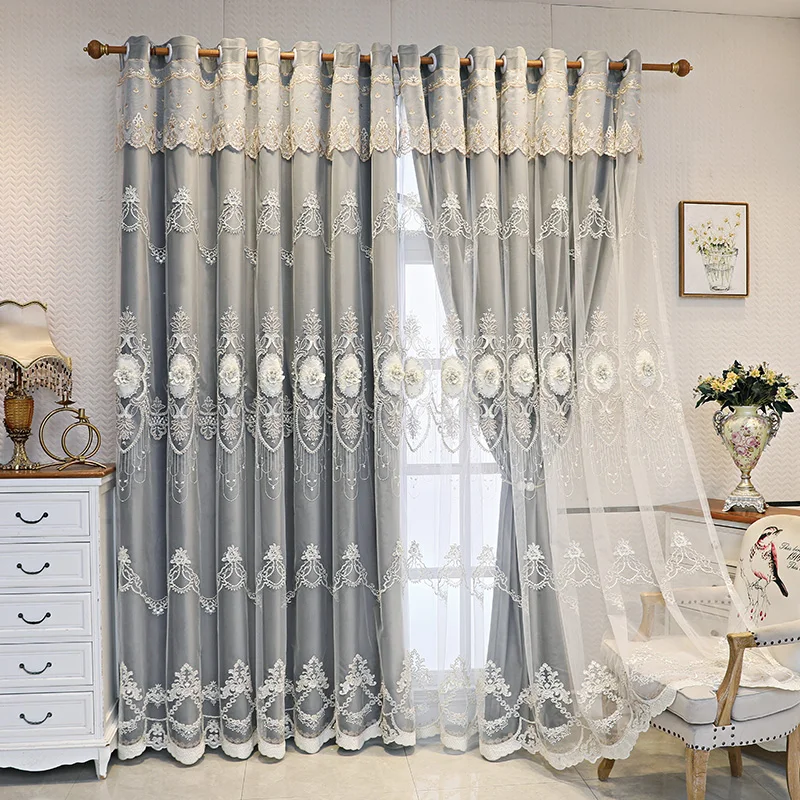 High grade European style embossed embroidery double layer pink cloth yarn integrated living room bedroom shading curtain | Дом и сад