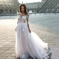 luojo princess lace appliques glitter tulle wedding dress long sleeve see through a line vestido de noiva bride gown boho beach