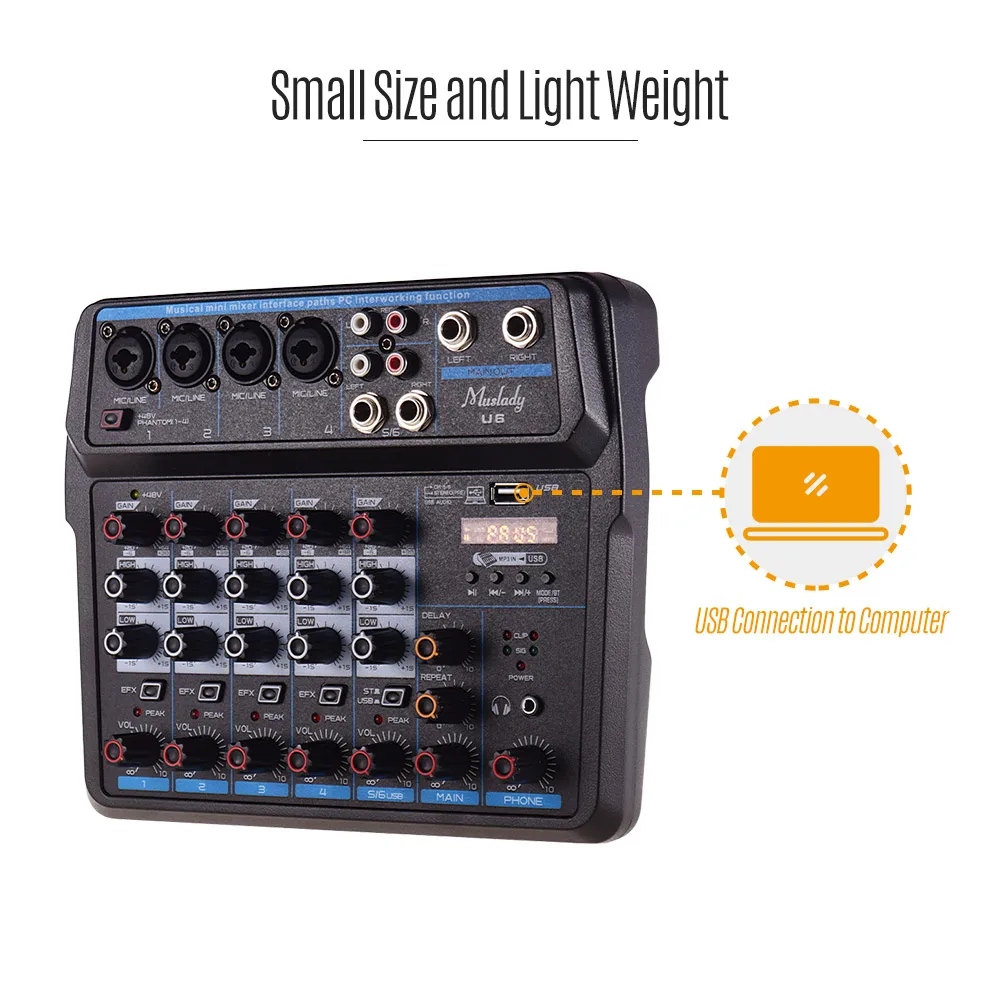 Музыкальный Мини миксер Muslady U4/U6 6 каналов аудиомиксеры BT USB микшерная консоль со
