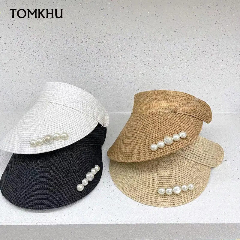 

2021 New Women Straw Hats for Women Luxury Pearl Hat Designer Summer Empty Top Beach Sun Visor Hat Outdoor Trip Beach Cap