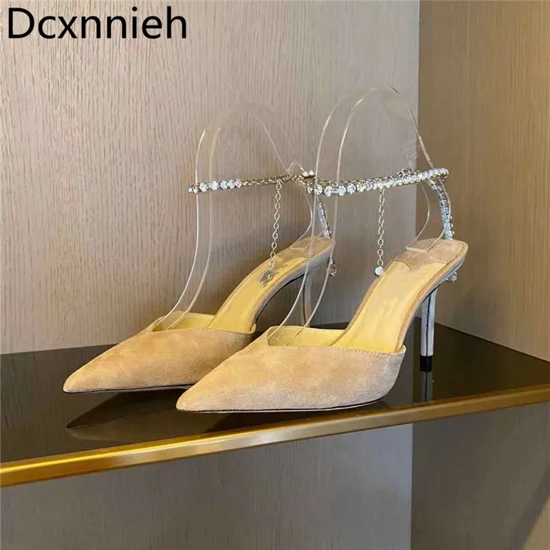

Summer Pointed Toe Pumps Luxury Fashion Sandals Women High Heels Crystal Shoes Woman Rhinestone Chain Strap Bride Dress Shoes