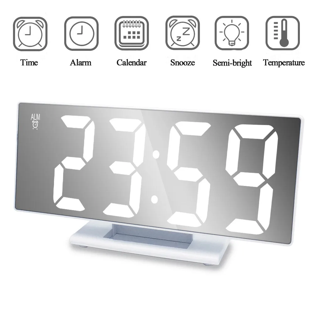 

Digital Table Clock LED Mirror Electronic Alarm Clock LCD Temperature Calendar Display Clocks Noiseless Home Desktop Decoration