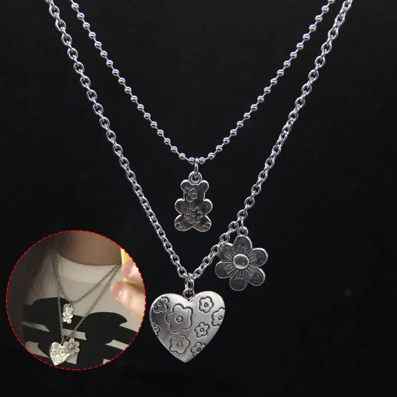 

Stainless Steel Chain Vintage Punk Flower Bear Heart Pendant Necklace Hip Hop Trendy Jewelry Individuality Fashion Necklace New