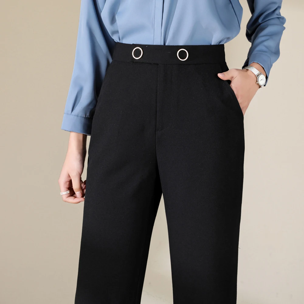

YUEY 2020 Spring S to 7XL Plus Size Women Flare Pants Fashion Black Solid Color Business Suit Pants With Button Details