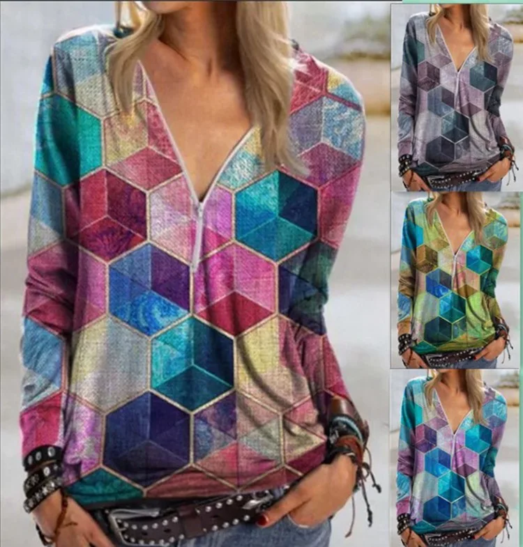 

2021 European and American women's street hipster geometric cube printing V-neck zipper shirt long-sleeved T-shirt women