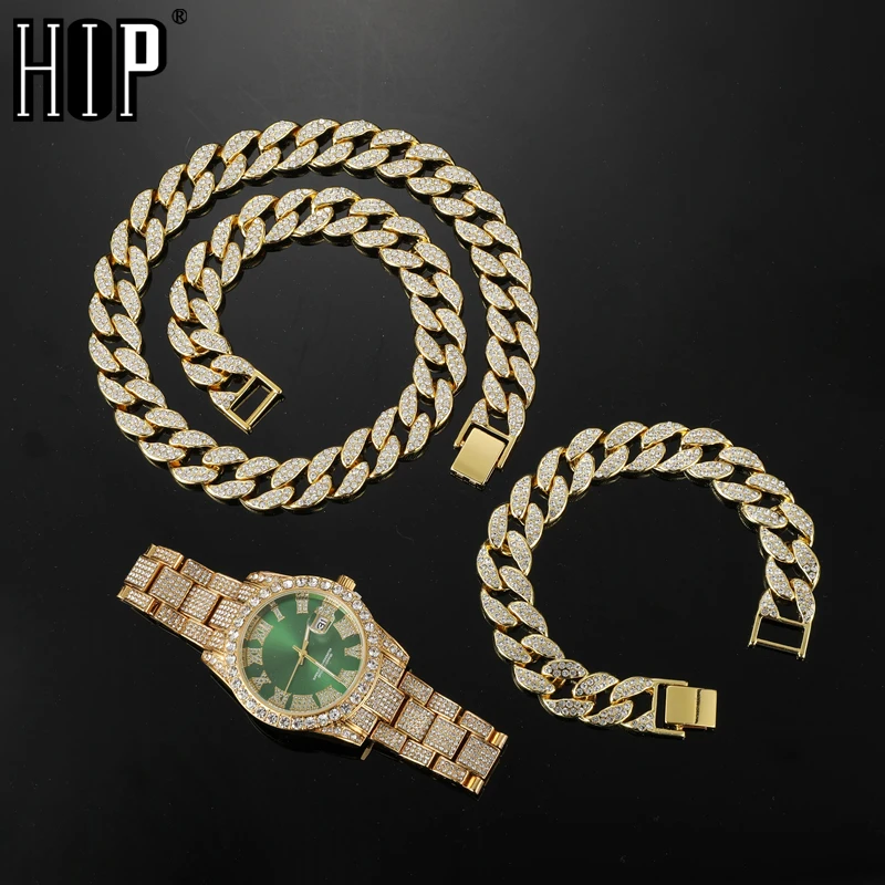 

3 шт. в комплекте часы + ожерелье + браслет со сверкающими кристаллами AAA + сверкающие кубинские цепи Стразы для женщин и мужчин ювелирные изде...