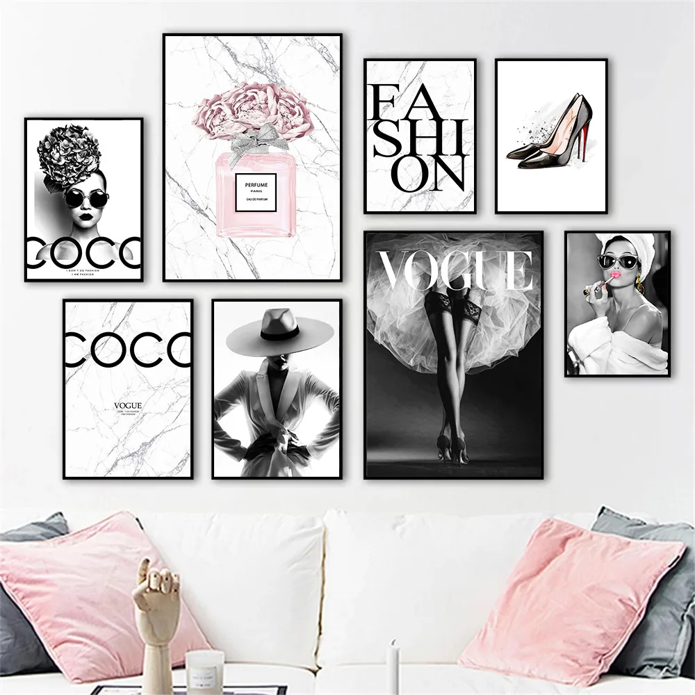 

Marbling Fashion Poster Pink Peony Perfume Bottle Painting Vogue Woman Canvas Print Black White Wall Art Pictures Bedroom Decor