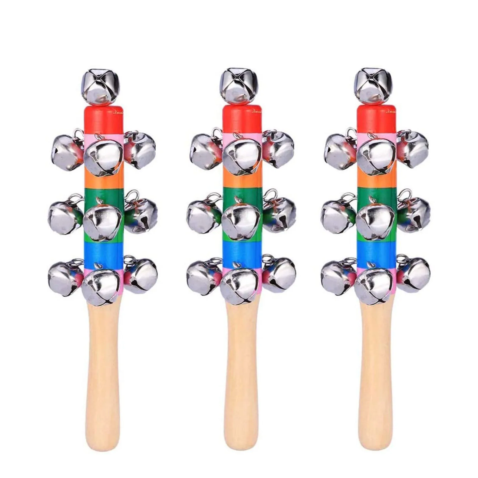 #50 3Pcs Christmas Baby Hand Jingle Bells Hand Sleigh Bells Wooden Decoration Bells Musical Instrument Colorful Rainbow Rattle