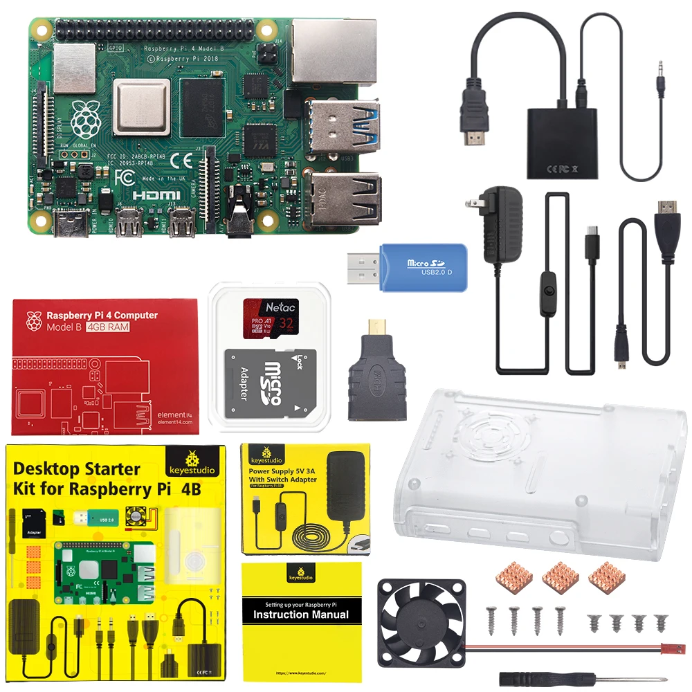 

Original Raspberry Pi 4B Kit + ABS Case + 32GB SD Card+ US Plug Power Adapter + Fan+ Heat Sink + HDMI Cable for Raspberry Pi 4