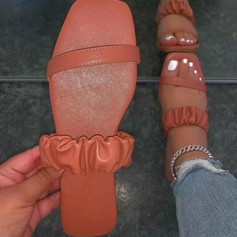 

Summer Outside Slides Women Pu Leather Pleated Flat Heel Open Toe Rubber Beach Sexy Sandals Ladies Slippers Female