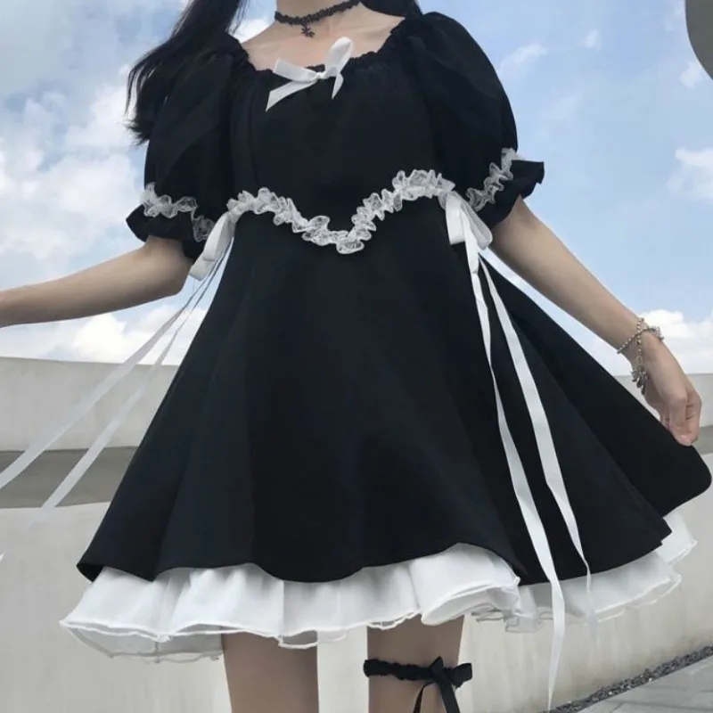 

Spring/Autumn Soft Sister Japanese Girl Sweet Black Lace Bow Lolita Dress Women Victorian Gothic Puff Sleeve Slim Maid Dress