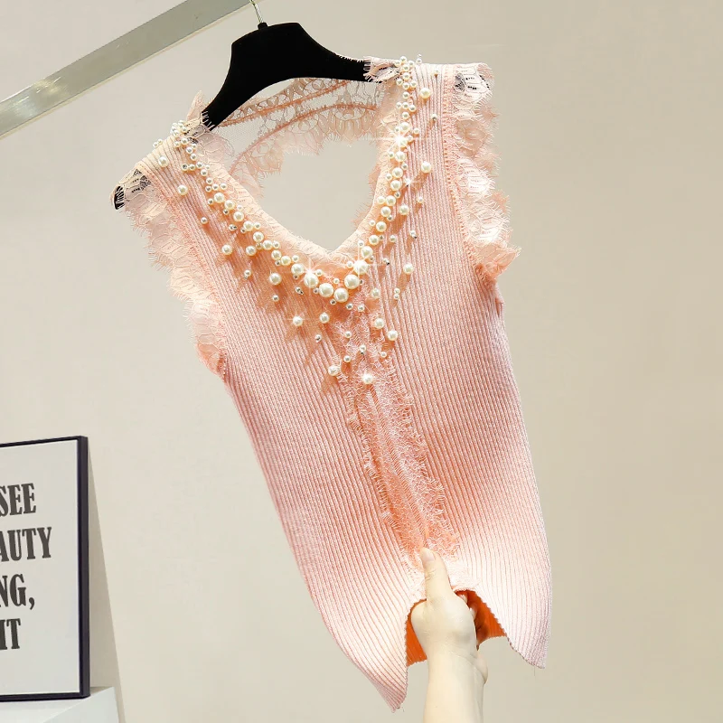 Майка женская трикотажная с открытой спиной Модная тонкая пикантная кружевная