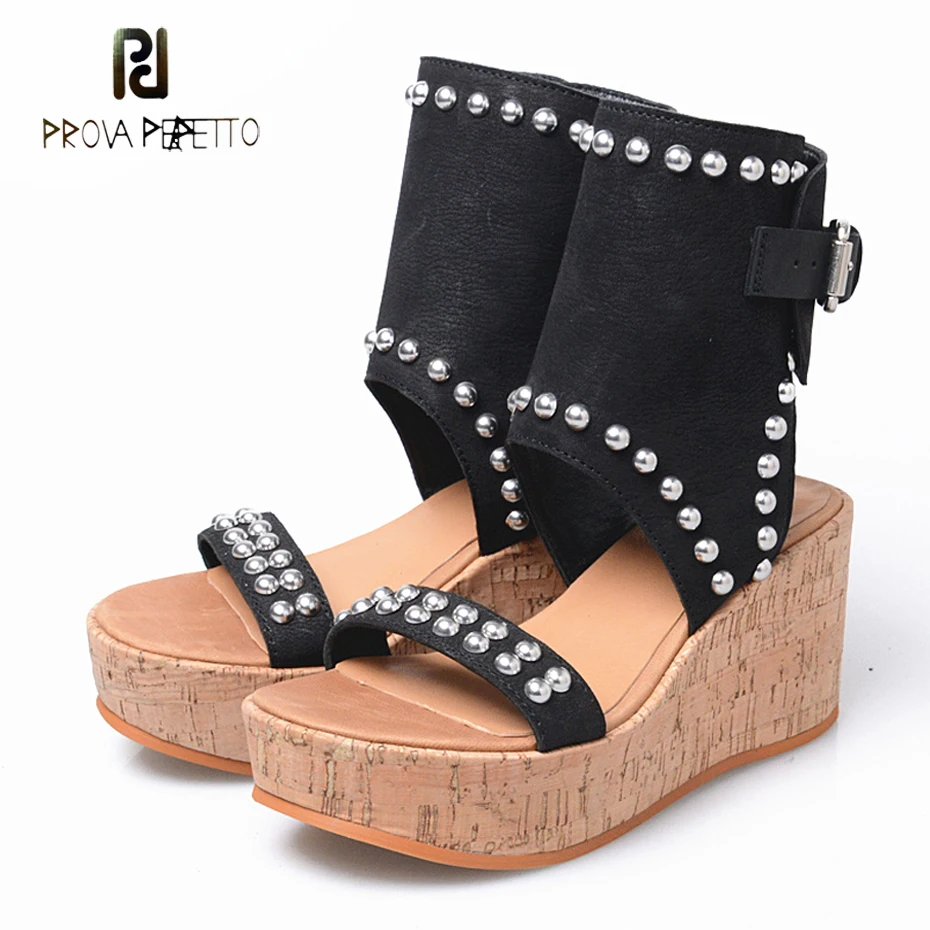 

Prova Perfetto Rivet Genuine Leather Rome Sandals Wedge Heel Summer Shoes Increased Platform Sexy Open Toe Leisure Style Sandals