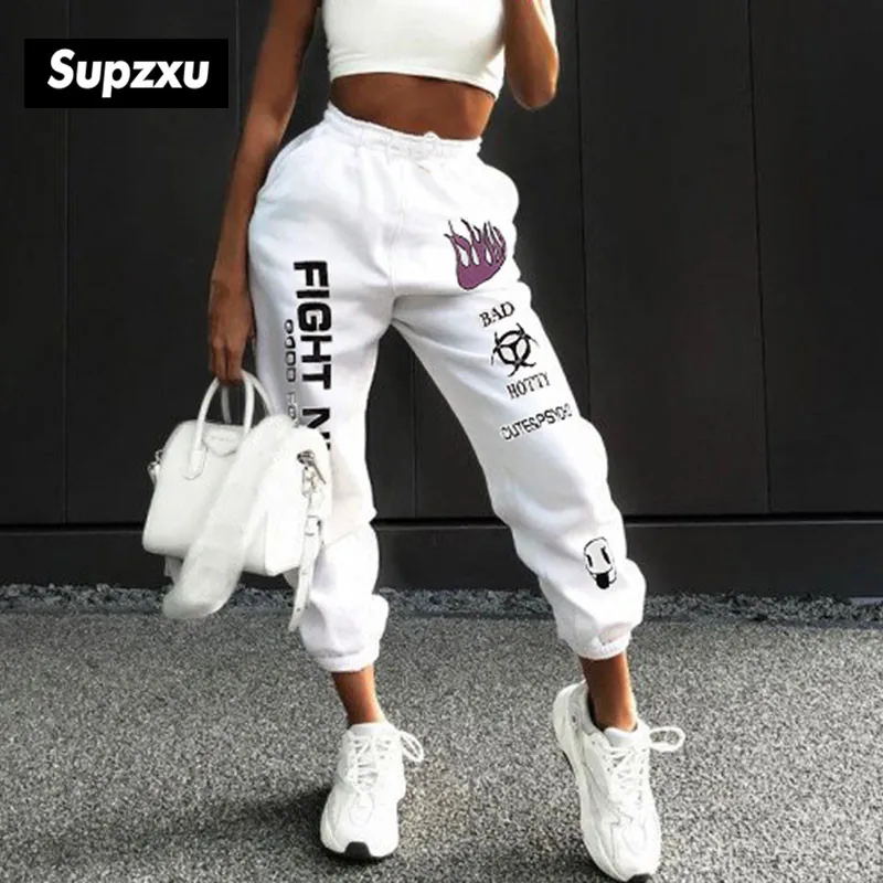 Women high waist sports pants drawstring fitness casual loose fight night pocket black and white sportswear fashion | Мужская одежда
