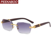 peekaboo frameless square frame sunglasses rimless male uv400 polygon fashion eyeglasses for men wood grain 2022 blue brown