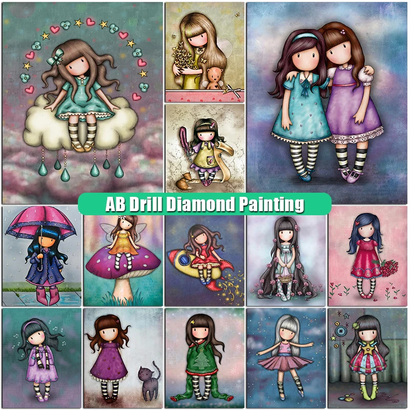 5D AB Diamond Painting Cartoon Girls Diy Full Drill Mosaic Square/ Round Diamont Embroidery Animal Doll Pictures Home Decor Gift
