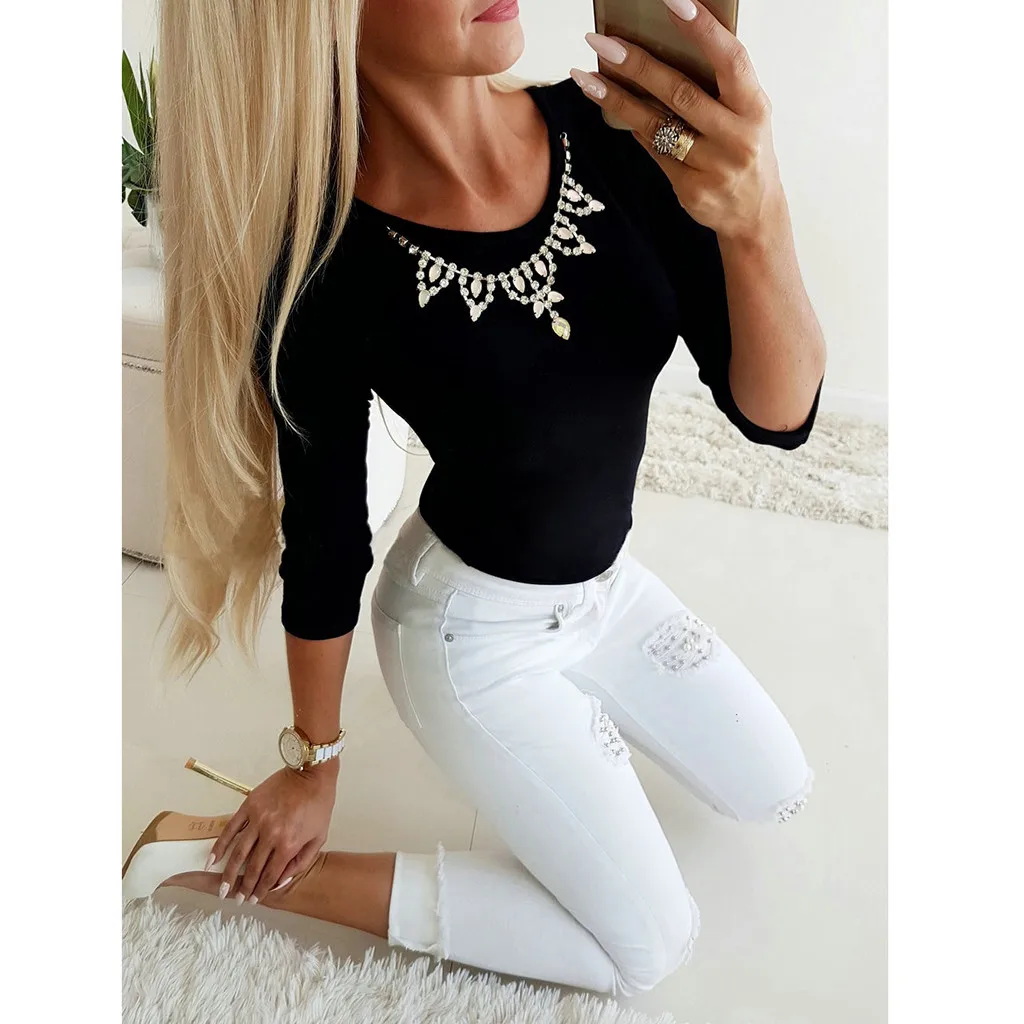 Простые Женские топы с круглым вырезом одноцветные Модные Повседневные