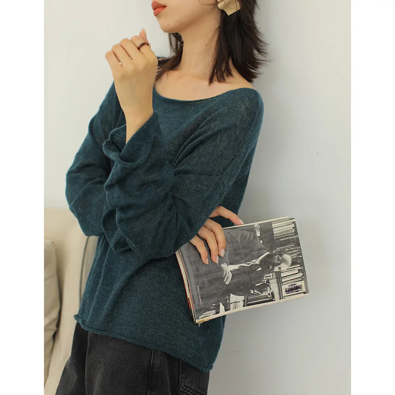 Шерстяной свитер с вырезом лодочкой Женский вязаный пуловер топы окантовкой в