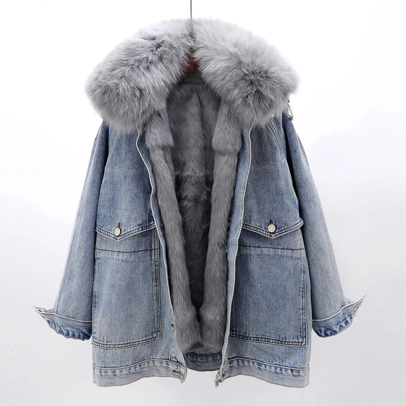New Korean Winter Real Fox Fur Collar Women Denim Jacket Autumn Detachable Rex Rabbit Fur Liner Coats Female Fur Loose Overcoat