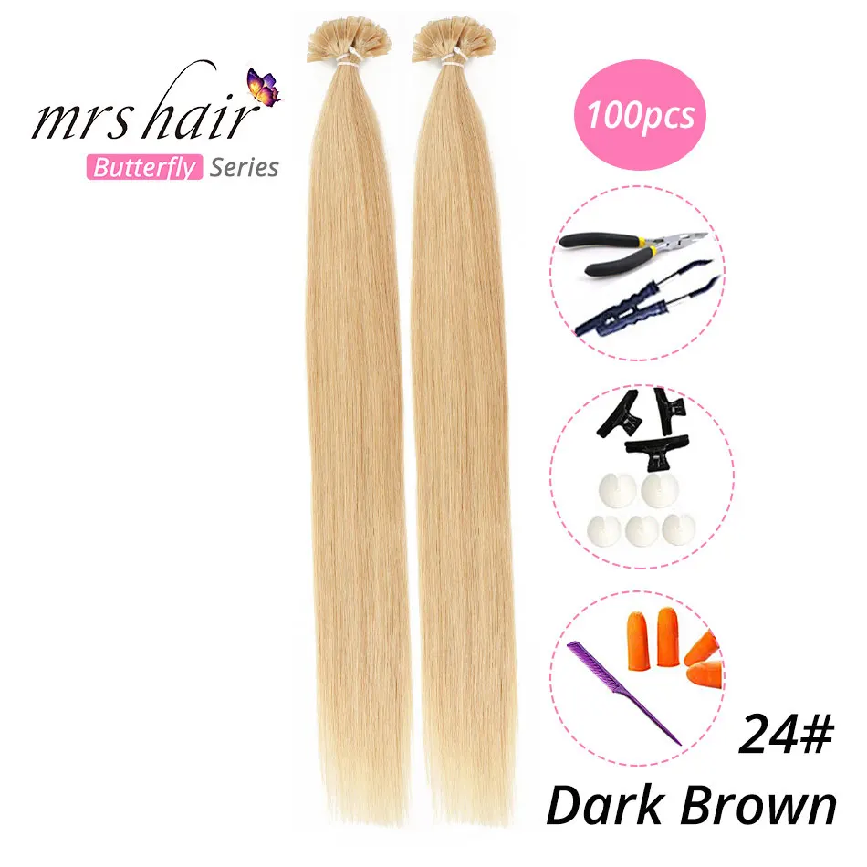MRS HAIR, 1 г/шт., 14 дюймов, 16 дюймов, 20 дюймов, 24 дюйма, накладные волосы, прямые волосы Remy Nail, кератиновые человеческие волосы, 50 шт - Цвет: KUT24-100