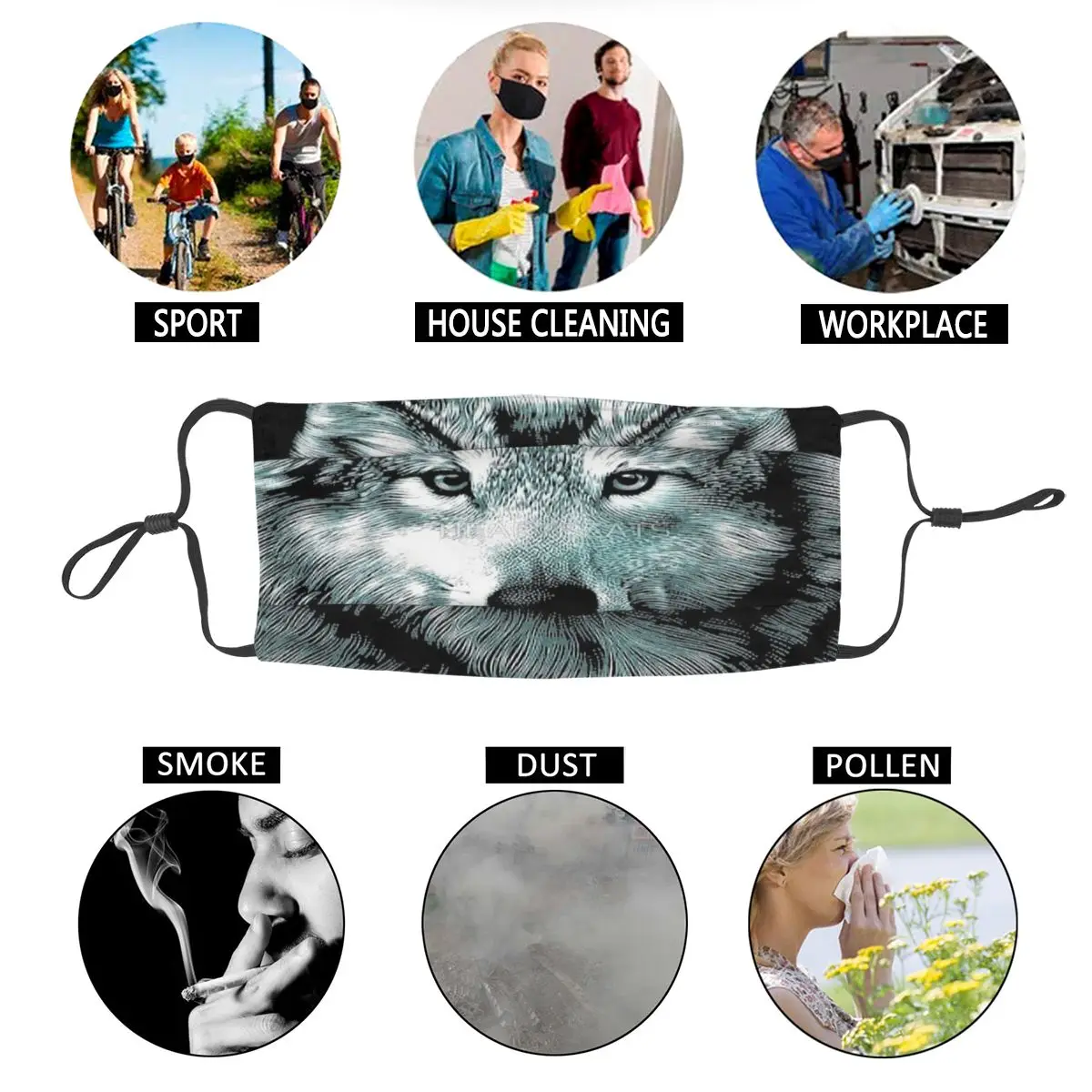 Многоразовая маска для лица с волком не одноразовая взрослых против смога пыли