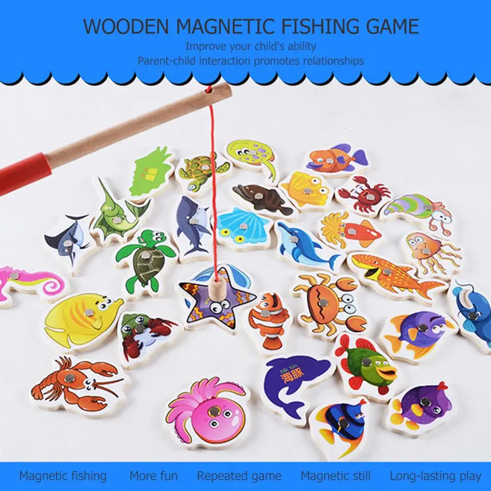 

32pcs Magnetic Fishing Educational Fishing Game Wooden Toys Kids Baby Gifts Indoor Garden Fishing Toy for Interactive Game