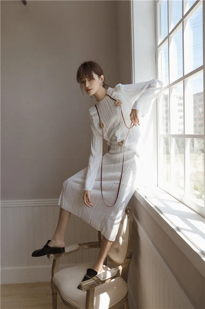

Vintage White Long Dress For Women A Line O Neck Casual Korean Style Dress Female 2021 Spring Summer Clothes C554