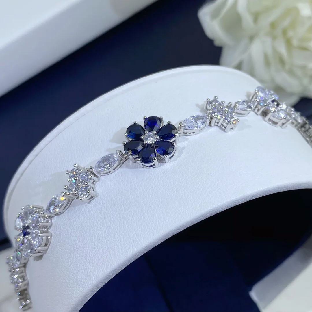 

Trendy 100% 925 Sterling Silver Full 5A Zircon Sapphire Flower Bracelets for Women Party Anniversary Silver S925 Charm Bracelet