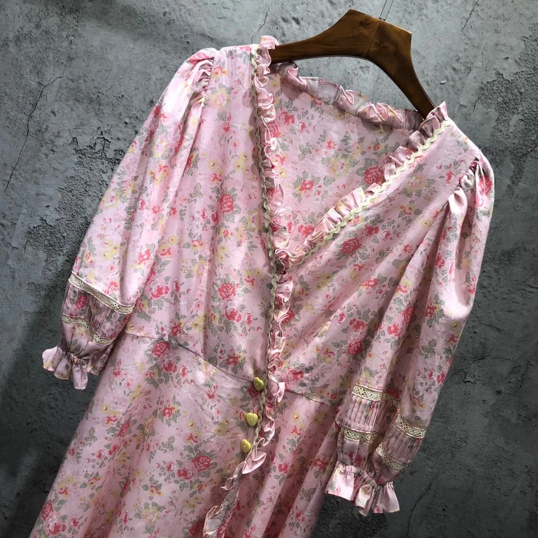 

High Street European Cottagecor Cotton Dress Lady Lantern Sleeve Pink Print Resort Midi Long Charming Prom Robe