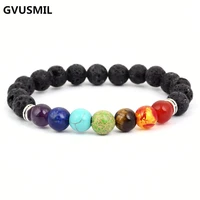 mix 7 color bracelets black natural lava 7 chakra healing balance 8 mm beads bracelet for men women reiki prayer stones
