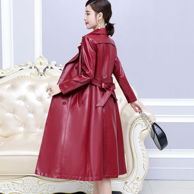 Long Black Red Leather Trench Coat For Women Long Sleeve Belt Lapel Women Fashion 2023 Luxury Autumn Winter Outerwear