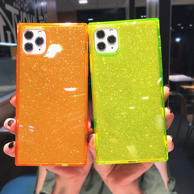 Square Fluorescent Color Glitter Phone Case For iPhone 14 Pro Max 13 12 11 X XS XR 7 8 Plus SE 2020 Transparent Soft TPU Cover