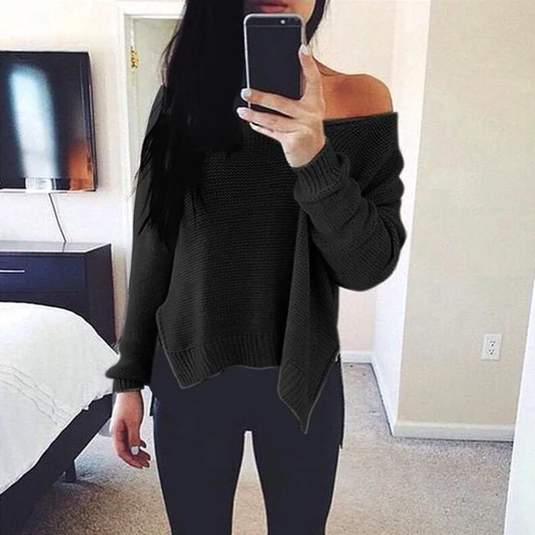

Women Sweaters 2020 Spring Autumn Long Sleeve Tops V-Neck Lovely Pullovers Knitted Loose Sweaters Open-shoulder Tops