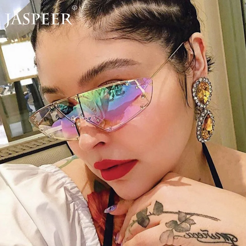 JASPEER, модные солнцезащитные очки Rihanna, женские, Ретро стиль, зеркальные, мужские, оттенки, без оправы, очки, люксовый бренд, металлические заклепки, тренд, женские очки