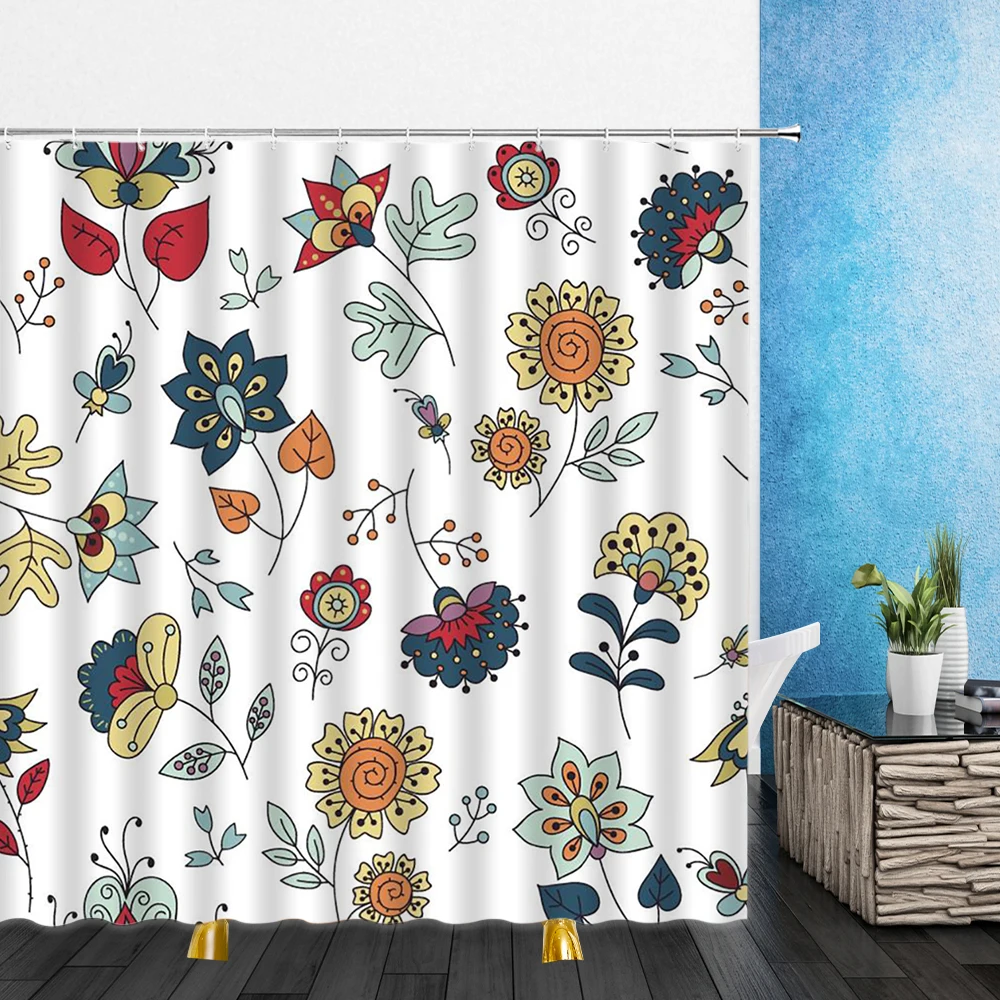 

Cartoons Shower Curtains Spring Green Plants Colorful Leaves Flowers 3D Bathroom Home Decor Waterproof Polyester Cloth Curtain