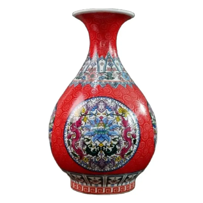 Chinese Old Porcelain Red Earthen Enamel Color Flower Pattern Vase