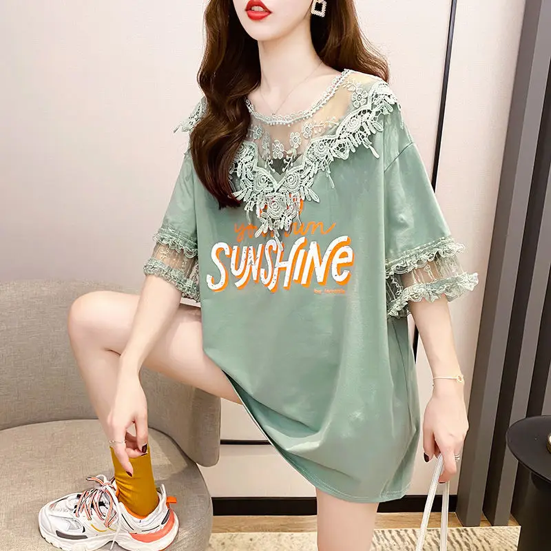 

Fat mm short sleeve large size base long cotton T-shirt women's loose lazy lace stitching top