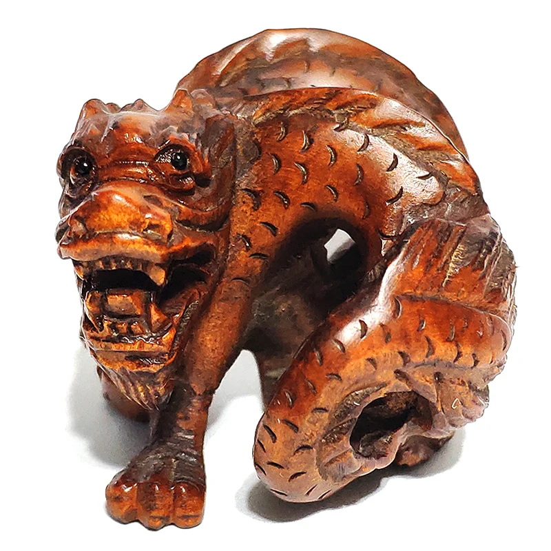 

2-Дюймовая японская резная вручную скульптура самшита Netsuke, миниатюрный счастливый Дракон-# Z6586