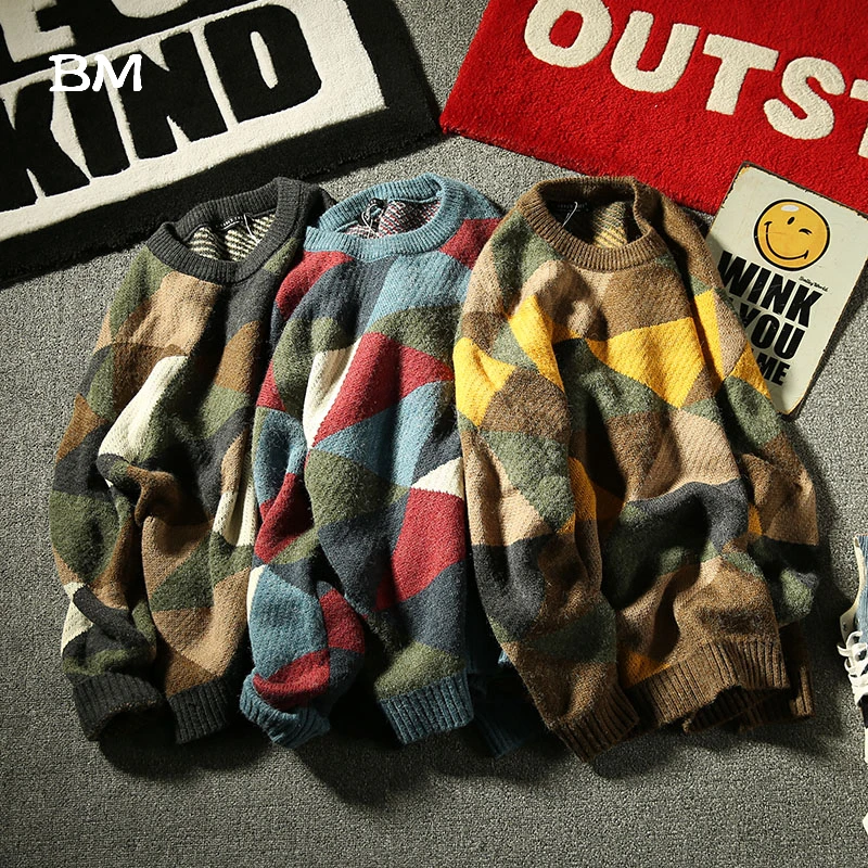 Зимний мужской свитер в Корейском стиле модный клетчатый с бриллиантами 2019 Kpop