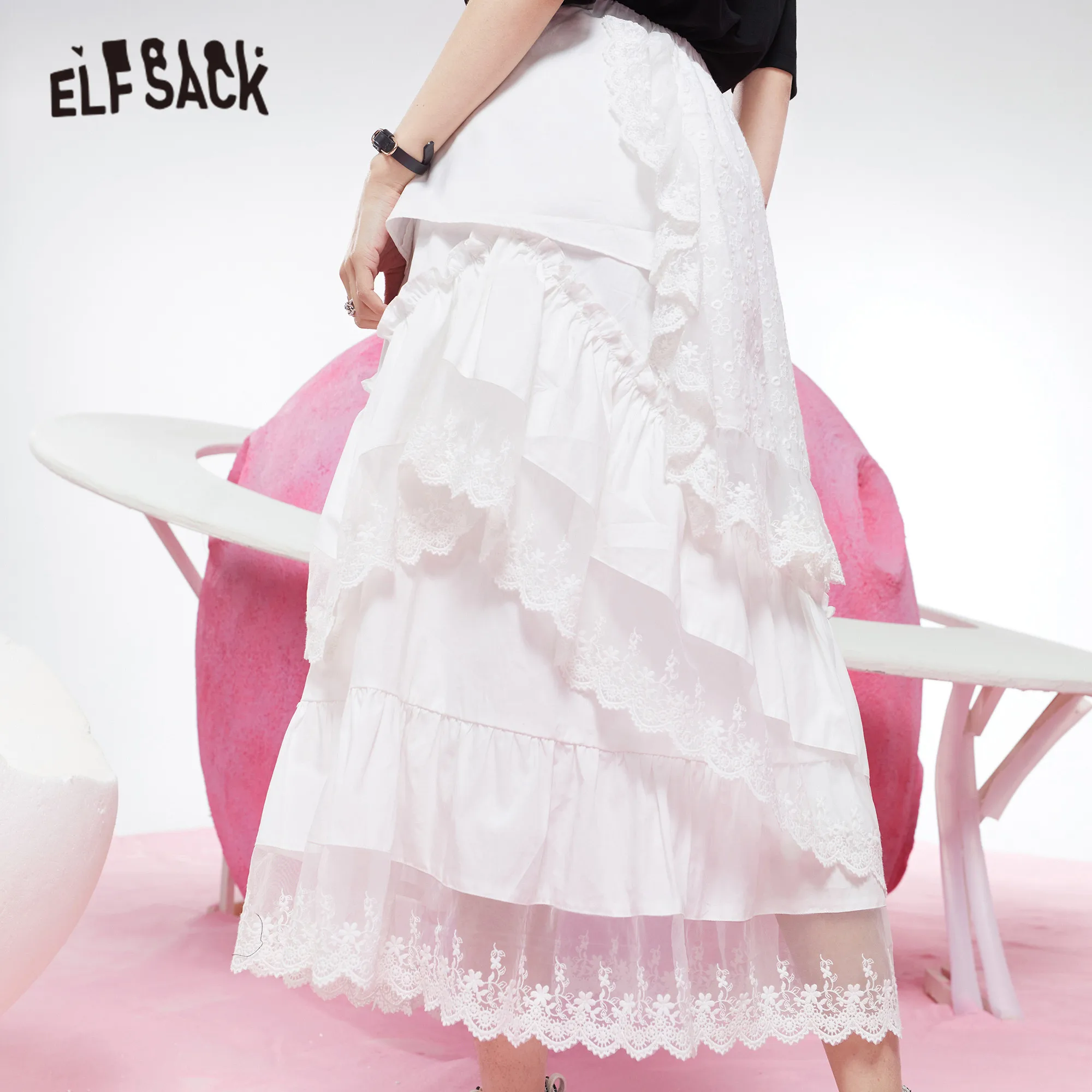 ELFSACK Solid Pure Contrast Lace High Waist Casual Women Midi Skirts,2021 Spring ELF Vintage,Korean Ladies Multi-Layered Bottom