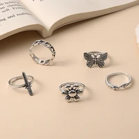 5 pcsset silver plated ancient sword rings for womens gothic steampunk snake butterfly blossom ring set winter party jewelry