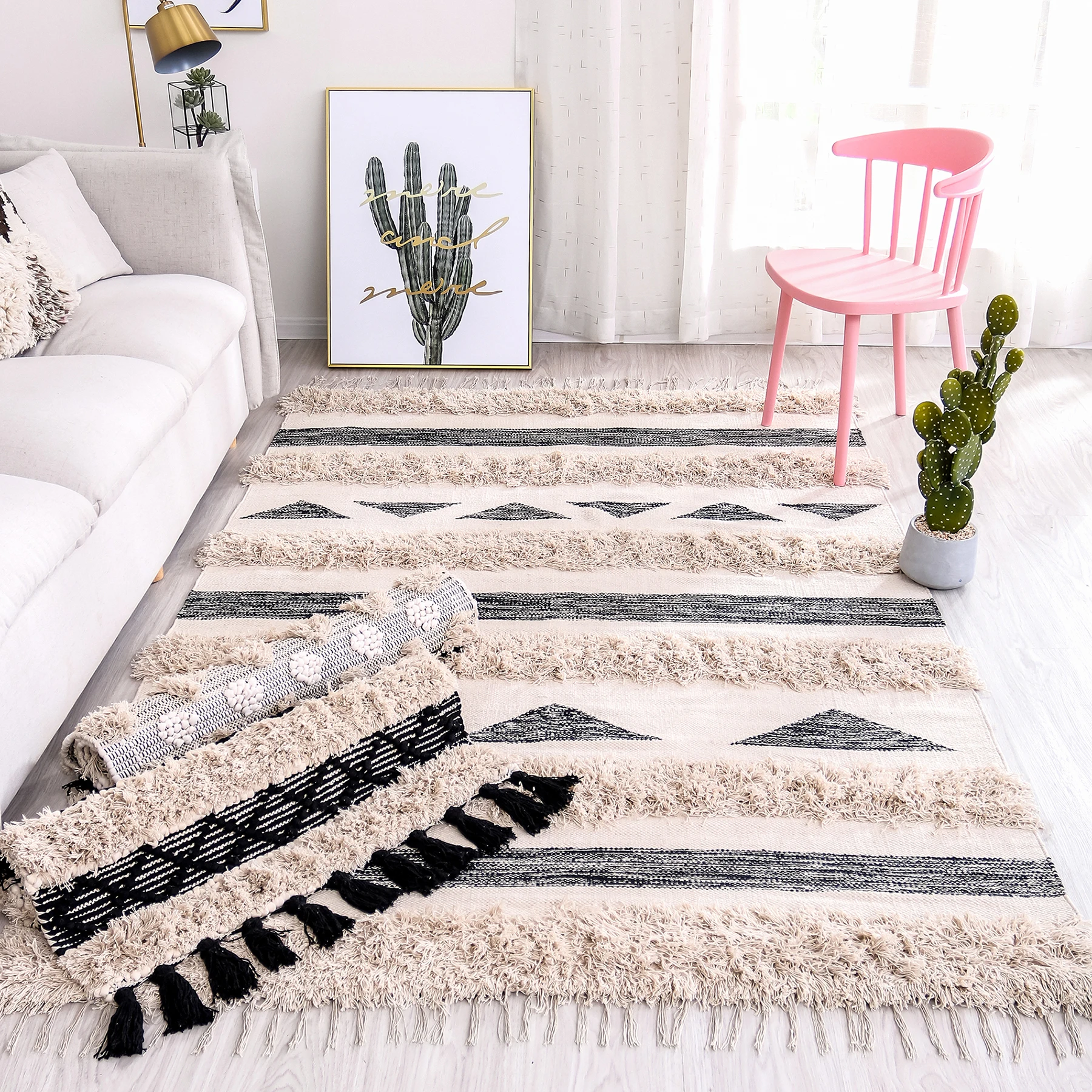 

India Hand Woven Cotton Carpets For Living Room Morocco 160x230cm Rugs Bedroom Tassels Bedside Rug Carpet Mat Room Bath Doormat