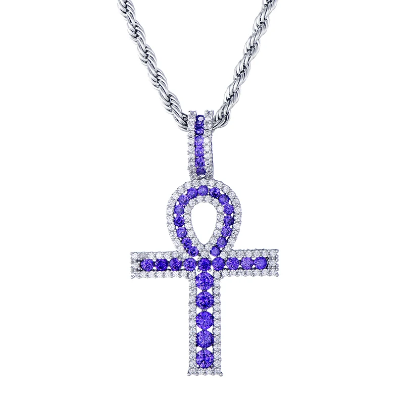 Hip Hop Iced Out Bling Purple Blue Zircon Ankh Cross Egyptian Key to Life Symbol Pendant &amp Necklace For Men Jewelry | Украшения и